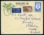1952 Helsinki "Ceylon Olympic Team / XVth Olympiad Helsinki, 1952" printed envelope and matching headed letter paper