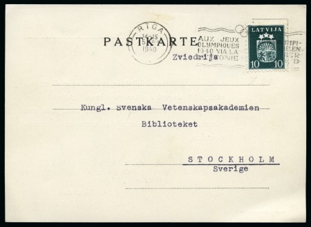 LATVIA: 1940 (Apr 5) "AUX JEUX OLYMPIQUES 1940 VIA LA LETTONIE" slogan cancel