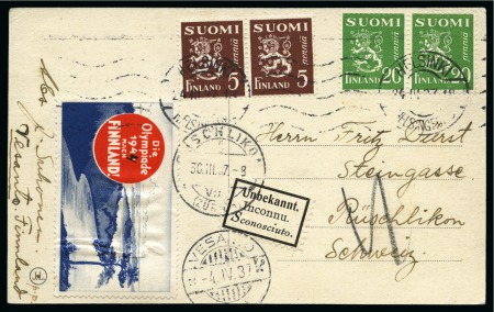 Stamp of Olympics » 1944 Cortina d'Ampezzo (Cancelled) 1940 Helsinki official vignette in German with ms change to "1944" tied to postcard