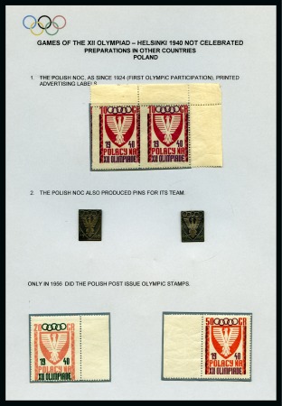 Stamp of Olympics » 1940 Helsinki (Cancelled) POLAND: 1940 Helsinki group with two NOC pin badges and fund raising labels / vignettes