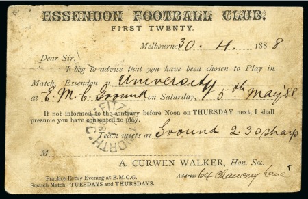 AUSTRALIA: Two postcards; one postal stationery card from Essendon FC and one picture postcard of Williamstown BAFC