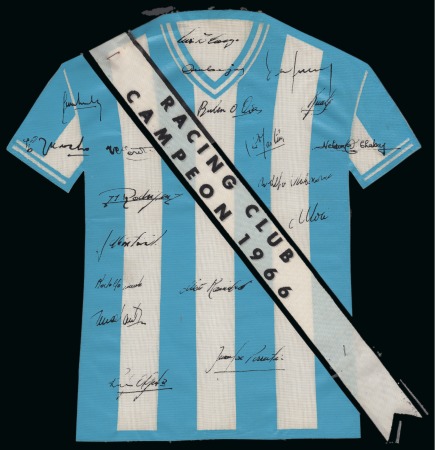 ARGENTINA: Five items incl. fabric in the shape of the Racing Club shirt signed