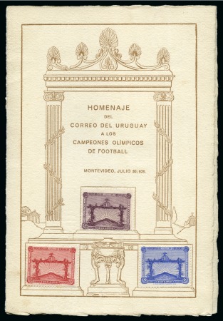 URUGUAY: 1928 Football Champions set of three affixed in presentation folder