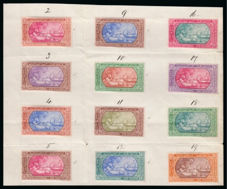 1895 Winter Festivals Foundation part Appendix page with nine bi-coloured colour trials on the 1m and 5m values