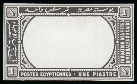 1895 Winter Festivals Foundation De La Rue die proof of the frame of the 1m in black on glossy card, reduced to stamp size