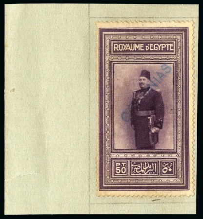 1926 King Fouad's 58th Birthday 50pi with COLONIAS specimen hs affixed to piece of archive page from the Goa postal archive