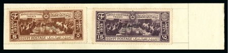 1936 Anglo-Egyptian Treaty complete set of three with faint "SPÉCIMEN" specimen hs affixed to pieces of archive page from the Goa postal archive