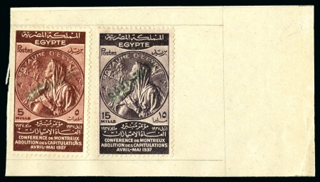 1936 Abolition of Capitulations at the Montreux Conference complete set of three with "SPÉCIMEN" specimen hs affixed to pieces of archive page from the Goa postal archive
