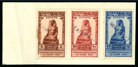 1927 Statistical Congress complete set of three with "Espécimen" specimen hs affixed to piece of archive page from the Goa postal archive