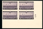 1938 International Telecommunications Conference complete set of three, Royal imperforate with CANCELLED backs in lower right corner marginal plate blocks of four