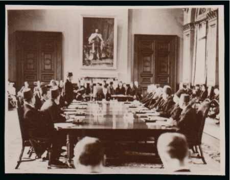 1936 Anglo-Egyptian Treaty group of five photographic essays showing different sizes of the conference table in sepia or blue