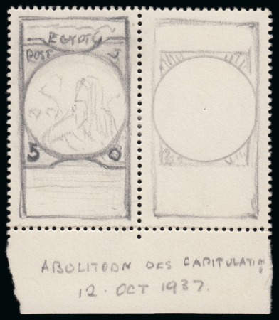 1937 Abolition of Capitulations at the Montreux Conference pair of hand-drawn essays for the adopted design on a piece of perforated card