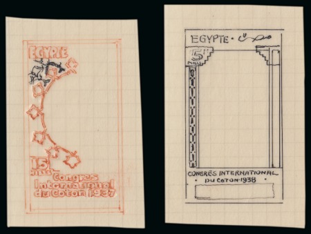 Stamp of Egypt » Commemoratives 1914-1953 1938 18th International Cotton Congress pair of hand-drawn essays of the frame on tracing paper, one in black and one in orange