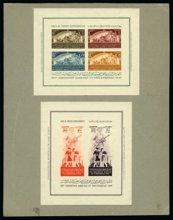 1949 16th Agricultural and Industrial Exhibition pair of mini sheets affixed to presentation card with stamps stuck down to the mini sheets with values inserted by hand
