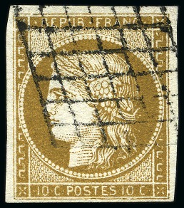 Stamp of France 1849 Cérès 10c bistre-verdâtre foncé, obl., TB,