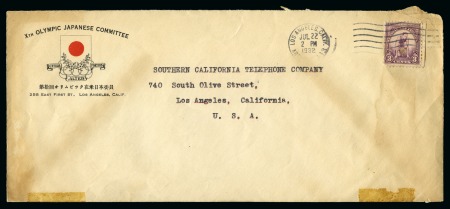 Stamp of Olympics » 1932 Los Angeles 1932 Japanese Olympic Committee printed envelope