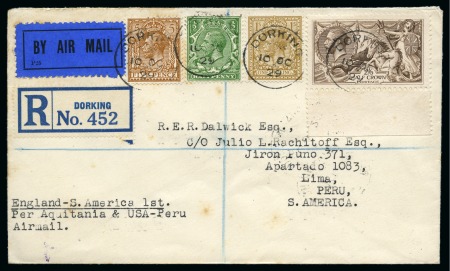 Stamp of Great Britain » King George V 1929 (Oct 10) Envelope sent by registered airmail to Peru with Seahorse 2s6d