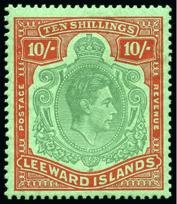 Stamp of Leeward Islands 1938-51 10s Deep Green & Deep Vermilion on deep green with "missing pearl" variety