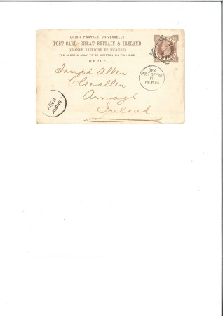 Stamp of Zanzibar » The Indian Post Office (1875-1895) 1885 (Aug 4) Great Britain 2d postal reply card se