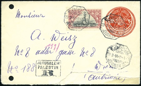 JERUSALEM 2 postmarks (22Mar14) tie 1-1/2 pi Turki