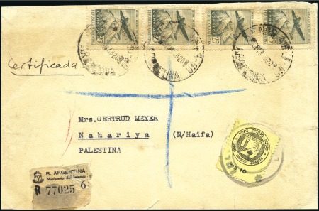 Stamp of Israel » Israel - Interim Period (1948) - Nahariya Locals ARGENTINA Package front, 4x25c stamps,  registered