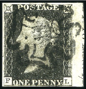 1840 1d Black pl.9 FL right marginal showing parti