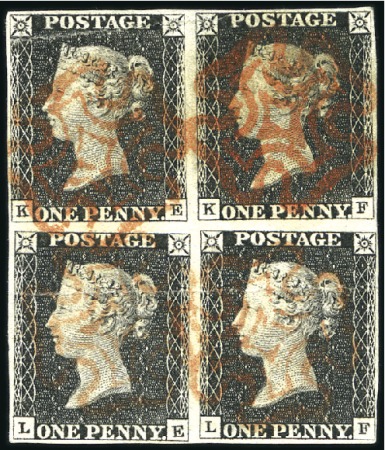 1840 1d black pl.1b KE/LF block of four, fine to g