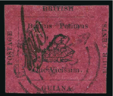 Stamp of British Guiana 1856 4c Black on Magenta, cut into at right otherw