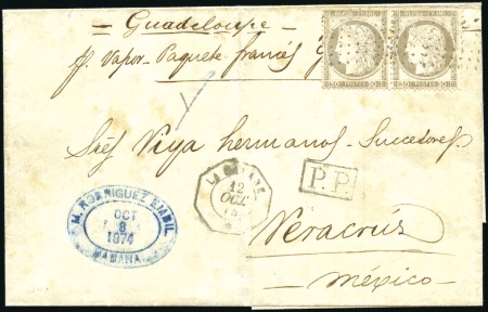 1874 30c Cérès en paire obl. Ancre sur pli de Cuba