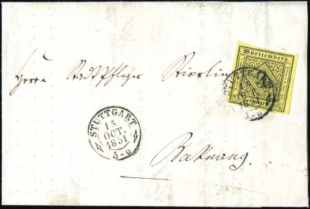 Stamp of German States » Wurttemberg FIRST DAY USAGE OF THE 3KR

1851 Folded letter f