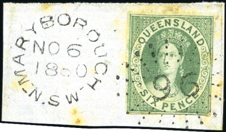 Stamp of Australia » Queensland EARLIEST KNOWN USAGE

1860 6d Green tied by "96"