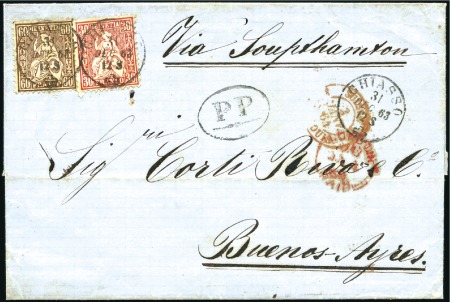 ARGENTINIEN 1863: 60C kupferbronze und 30C zinnobe