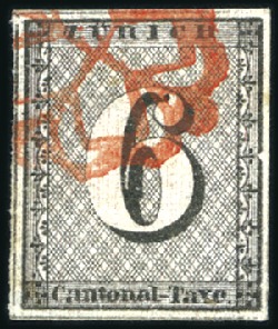Stamp of Switzerland / Schweiz » Kantonalmarken » Zürich 6Rp (Type V), senkrechte Untergrundlinien, mit rot