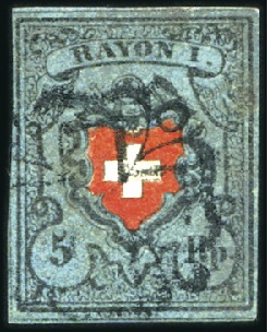 Stamp of Switzerland / Schweiz » Rayonmarken » Rayon I, dunkelblau mit Kreuzeinfassung Type 36 mit schwarzer Zürcher Rosette entwertet, b