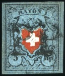 Stamp of Switzerland / Schweiz » Rayonmarken » Rayon I, dunkelblau ohne Kreuzeinfassung Type 24 mit schwarzem P.P. entwertet, überrandiges