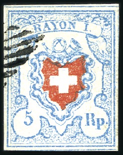 Stamp of Switzerland / Schweiz » Rayonmarken » Rayon I, hellblau, ohne KE (STEIN C2) Type 6 C2/LO, mit schwarzer Raute entwertet, Befun