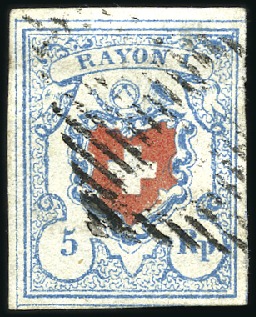 Stamp of Switzerland / Schweiz » Rayonmarken » Rayon I, hellblau, ohne KE (STEIN C2) Type 1 C2/RO, mit Spuren von Einfassung, entwertet