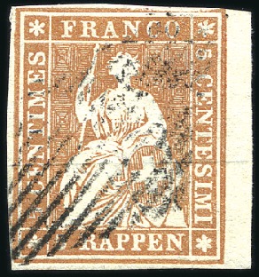 Stamp of Switzerland / Schweiz » Sitzende Helvetia Ungezähnt » Münchner Druck, 1. Auflage 5Rp rotbraun, von rechtem Bogenrand, entwertet mit
