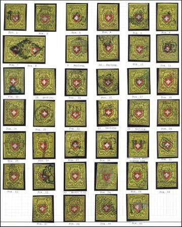 Stamp of Switzerland / Schweiz » Rayonmarken » Rayon II, gelb, ohne Kreuzeinfassung (STEIN B) Komplette Typentafel aller 40 Typen auf ein Blatt 