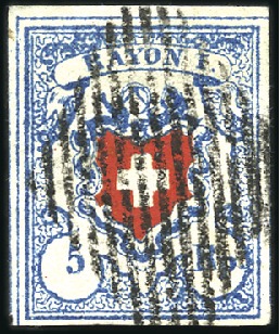 Stamp of Switzerland / Schweiz » Rayonmarken » Rayon I, hellblau, ohne KE (STEIN B2) Type 1 B2/RO mit schwarzer Raute entwertet, sehr b