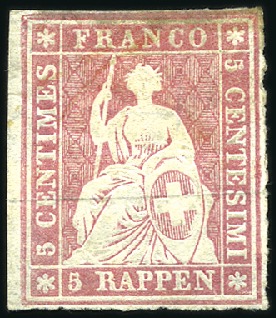 Stamp of Switzerland / Schweiz 5Rp rosa und 5Rp orange, zwei Farbproben mit grüne