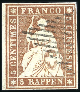 Stamp of Switzerland / Schweiz » Sitzende Helvetia Ungezähnt » Münchner Druck, 2. Auflage 5Rp braun, sauber mit Raute entwertet, weissrandig