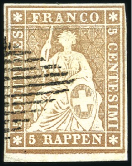 Stamp of Switzerland / Schweiz » Sitzende Helvetia Ungezähnt » 1854-55 Berner Druck (I) 5Rp graubraun, sauber mit Raute entwertet, weissra