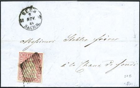 Stamp of Switzerland / Schweiz » Sitzende Helvetia Ungezähnt » 1854-55 Berner Druck (I) 15Rp karminrosa, weissrandiges Eckrandstück auf Fa