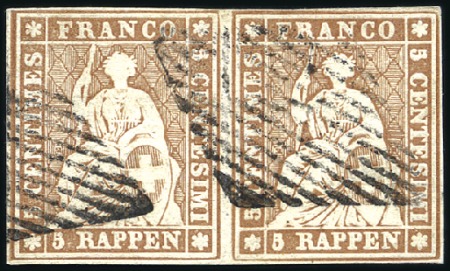Stamp of Switzerland / Schweiz » Sitzende Helvetia Ungezähnt » 1856-57 Berner Druck (II) 5Rp braun, weissrandiges Paar entwertet Raute, Bef