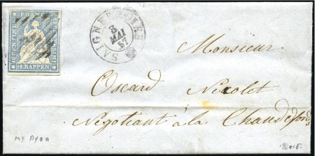 Stamp of Switzerland / Schweiz » Sitzende Helvetia Ungezähnt » 1856-57 Berner Druck (II) 10Rp blau, gut bis sehr gut gerandet auf Faltbrief