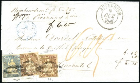 Stamp of Switzerland / Schweiz » Sitzende Helvetia Ungezähnt » 1856-57 Berner Druck (II) 10Rp blau zusammen mit zwei 5Rp braun entwertet Ra