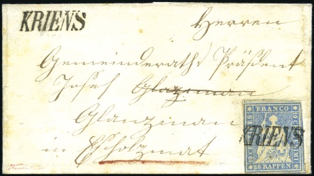 Stamp of Switzerland / Schweiz » Sitzende Helvetia Ungezähnt » 1856-57 Berner Druck (II) 10Rp milchblau, entwertet mit Balkenstempel KRIENS