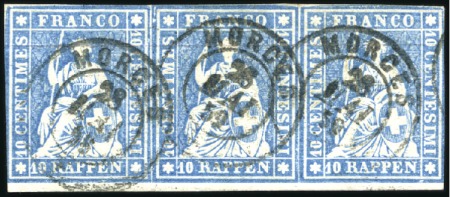 Stamp of Switzerland / Schweiz » Sitzende Helvetia Ungezähnt » 1856-57 Berner Druck (II) 10Rp blau, waagr. Dreierstreifen, entwertet MORGES