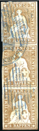 Stamp of Switzerland / Schweiz » Sitzende Helvetia Ungezähnt » 1856-57 Berner Druck (II) 5Rp braun, senkr. Dreierstreifen mit blauer Raute 